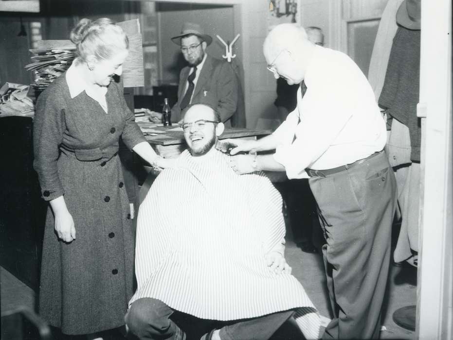 Portraits - Group, Waverly Public Library, barber, history of Iowa, Iowa History, bottle, beard, woman, Businesses and Factories, man, office, Iowa, hat, suit