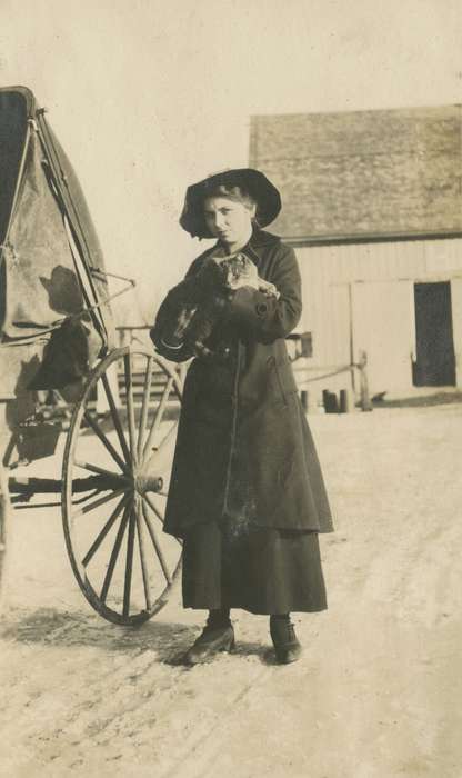 cat, history of Iowa, Iowa History, Mortenson, Jill, Macey, IA, buggy, Iowa, snow, hat, wheel, Portraits - Individual