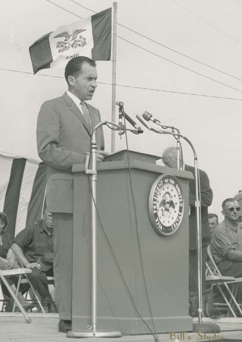 Iowa, campaign, Fort Dodge, IA, microphone, podium, Civic Engagement, history of Iowa, Nixon, Charles, flag, Iowa History, nixon