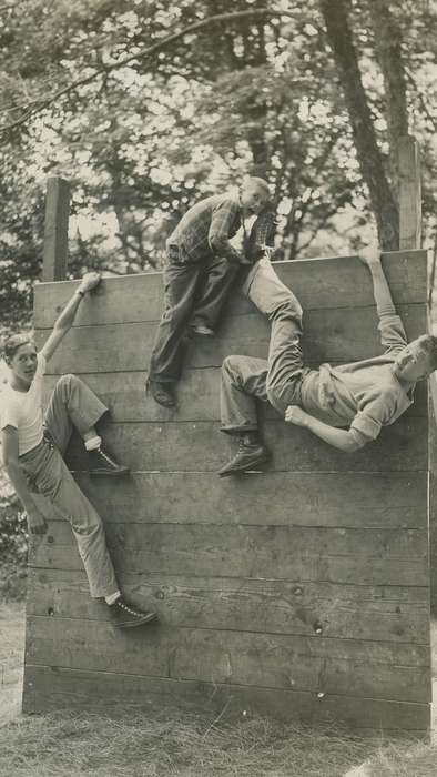 Outdoor Recreation, Portraits - Group, Iowa, silly, McMurray, Doug, Lehigh, IA, Children, climbing, boy scout, wall, history of Iowa, Iowa History