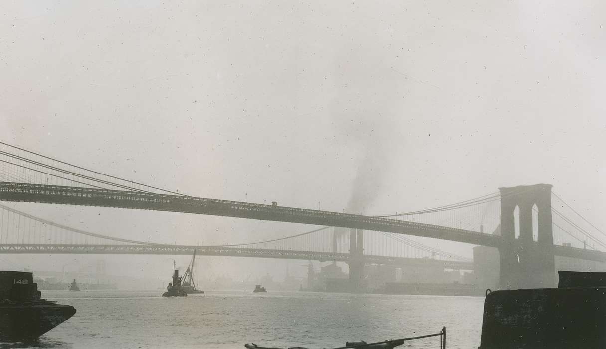 bridge, fog, history of Iowa, Iowa History, Brooklyn, NY, Lakes, Rivers, and Streams, ship, river, smokestack, Iowa, Cities and Towns, boat, McMurray, Doug