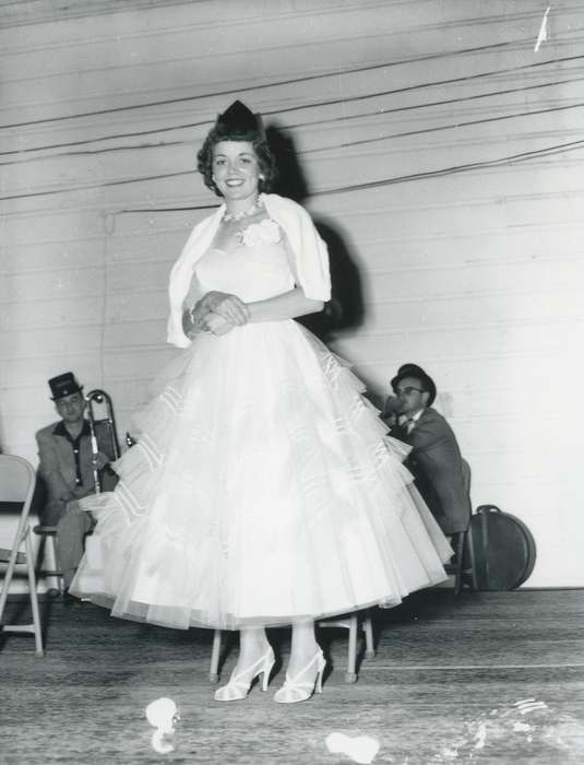 Waverly Public Library, history of Iowa, Iowa History, woman, dress shoes, corsage, chair, hat, necklace, Iowa, ball gown, high heels, Leisure, Portraits - Individual
