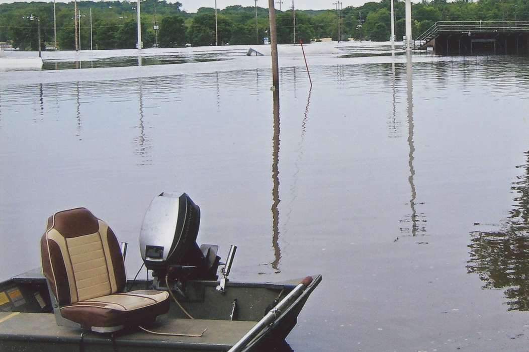 bleachers, Lakes, Rivers, and Streams, Motorized Vehicles, Iowa History, motor, Iowa, Floods, reflection, history of Iowa, boat, chair, Hatcher, Cecilia, disaster, Anamosa, IA