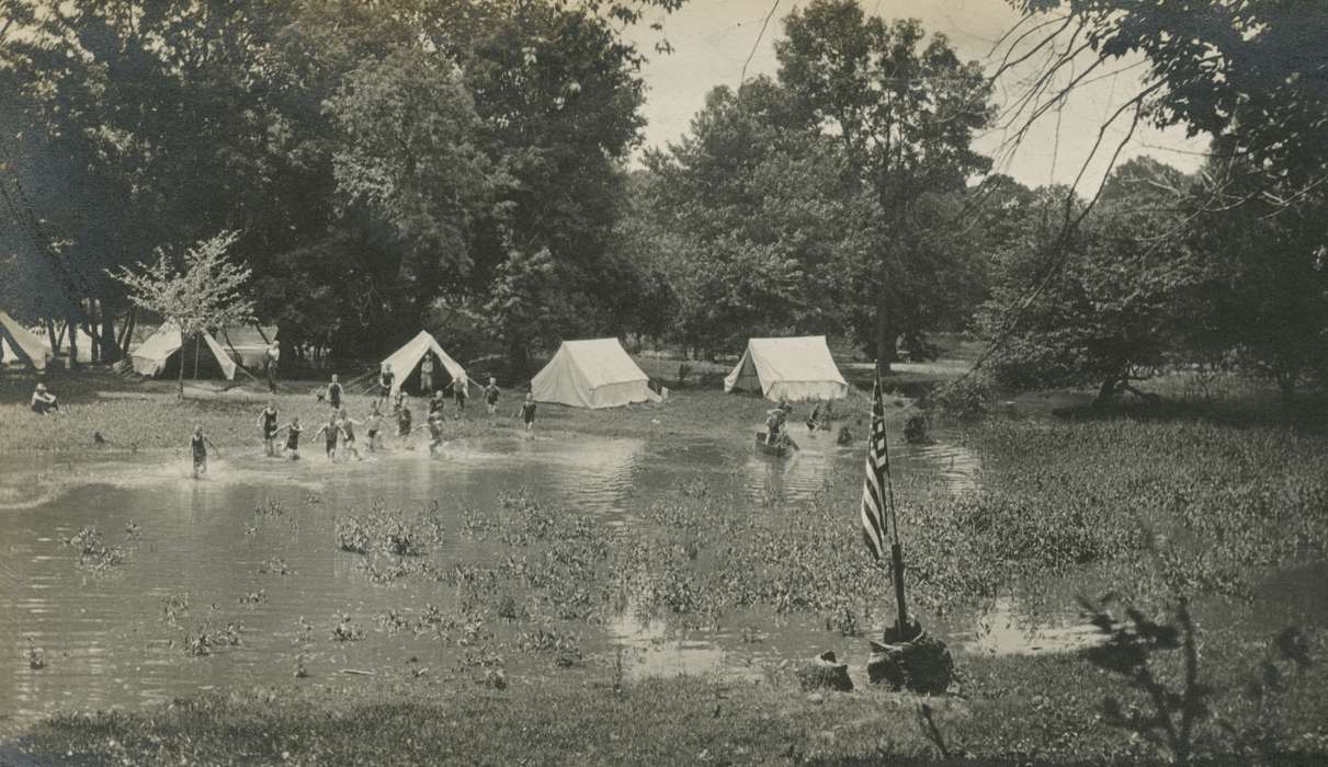 Outdoor Recreation, Iowa, tent, McMurray, Doug, Children, history of Iowa, camping, Lakes, Rivers, and Streams, Hamilton County, IA, boy scouts, flag, Iowa History