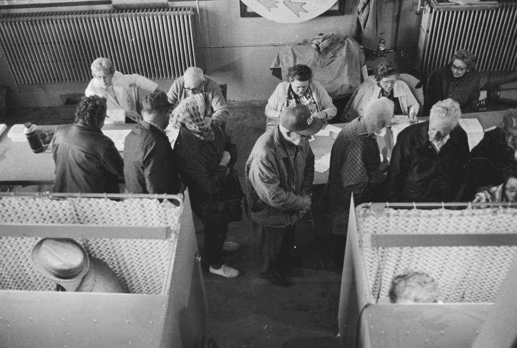 booth, elderly, Iowa History, Ottumwa, IA, history of Iowa, fedora, Civic Engagement, crowd, poling place, head scarf, Iowa, Lemberger, LeAnn, vote, baseball cap