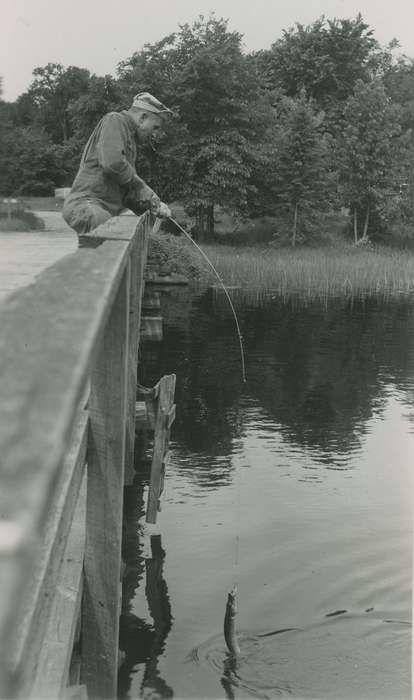 smoking, cigarette, Portraits - Individual, Animals, Elderkin, Don, Iowa History, Lakes, Rivers, and Streams, Spring Lake, MN, Iowa, Outdoor Recreation, fishing, history of Iowa, fish