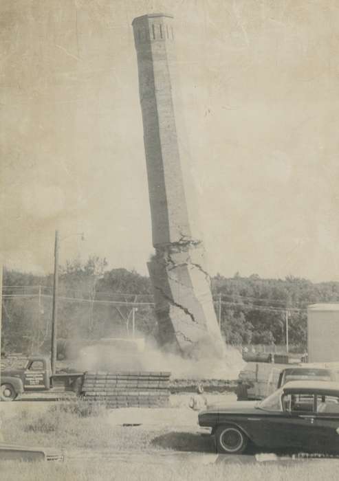 history of Iowa, Iowa History, car, smokestack, Iowa, demolition, correct date needed, Waverly Public Library
