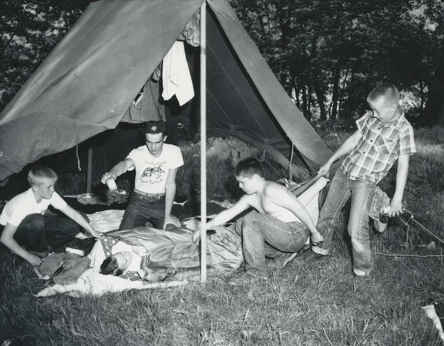 Children, history of Iowa, outdoors, boys, Waverly Public Library, Iowa, tent, Iowa History, boy scouts