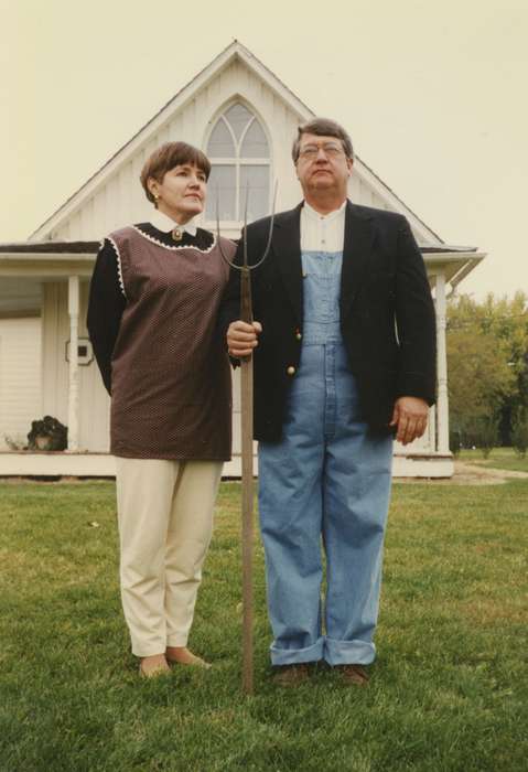 Portraits - Group, Travel, history of Iowa, Iowa History, pitchfork, Eldon, IA, Stater, Connie, Iowa, american gothic, silly, overalls, Leisure