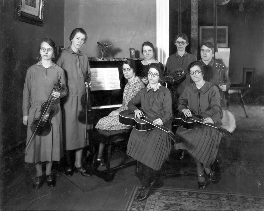 mandolin, sheet music, banjo, piano, Fabos, Bettina, history of Iowa, instruments, Iowa, Cedar Falls, IA, guitar, Iowa History, violin, Portraits - Group, glasses