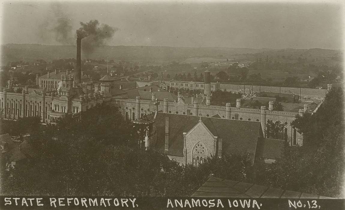 smoke stack, church, Iowa, Prisons and Criminal Justice, anamosa state penitentiary, Anamosa, IA, Religious Structures, Hatcher, Cecilia, history of Iowa, Iowa History