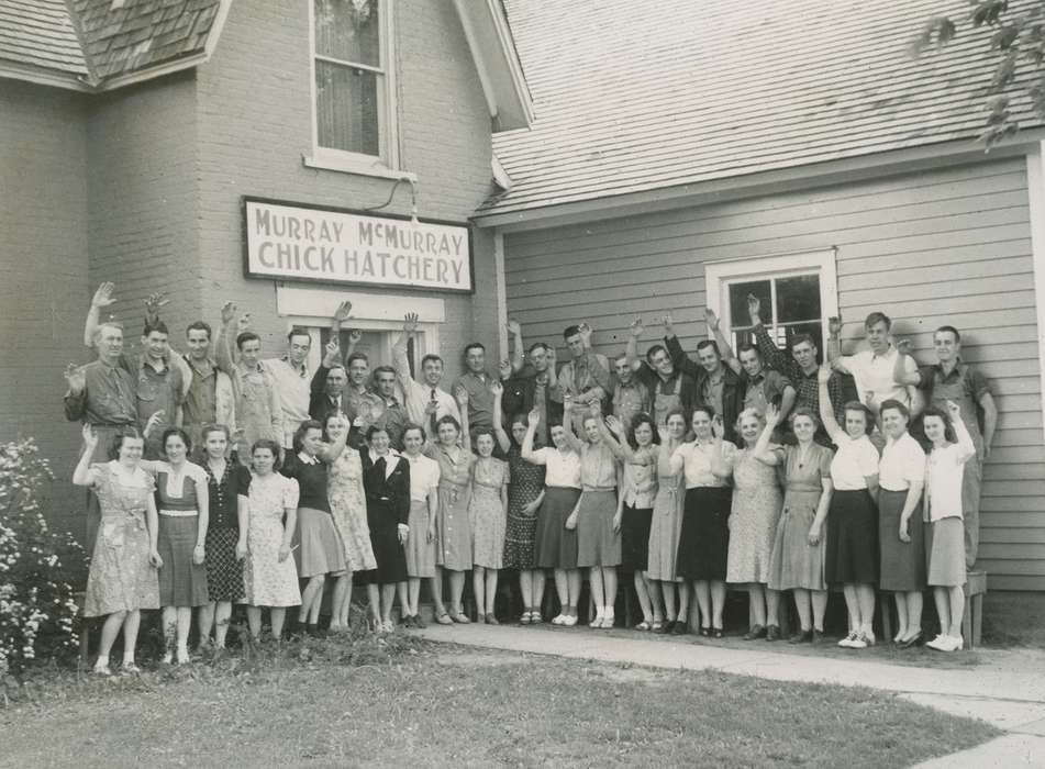Portraits - Group, men, history of Iowa, women, hatchery, Iowa History, Webster City, IA, Businesses and Factories, Iowa, McMurray, Doug, sign