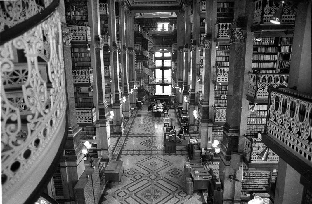 staircase, history of Iowa, capitol, Iowa History, Lemberger, LeAnn, tile, library, book shelf, Iowa, desk, Cities and Towns, Schools and Education, sconce, Des Moines, IA, railing