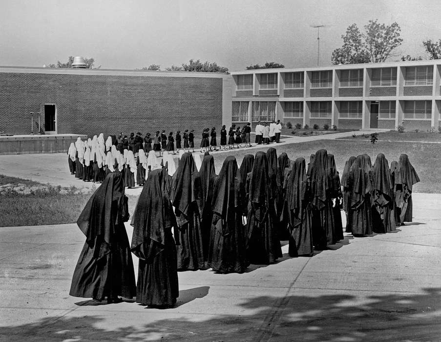 Lemberger, LeAnn, dorm, priest, Iowa History, college, Iowa, history of Iowa, Religious Structures, lawn, tv antenna, Schools and Education, Ottumwa, IA, Religion, nun, procession