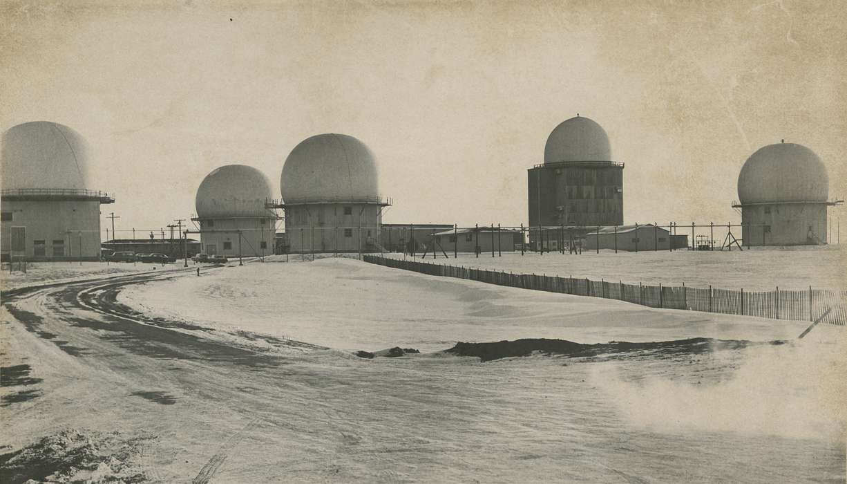 dirt road, history of Iowa, military base, snow, Iowa, correct date needed, Waverly Public Library, Iowa History, Military and Veterans, airbase, wooden fence, road