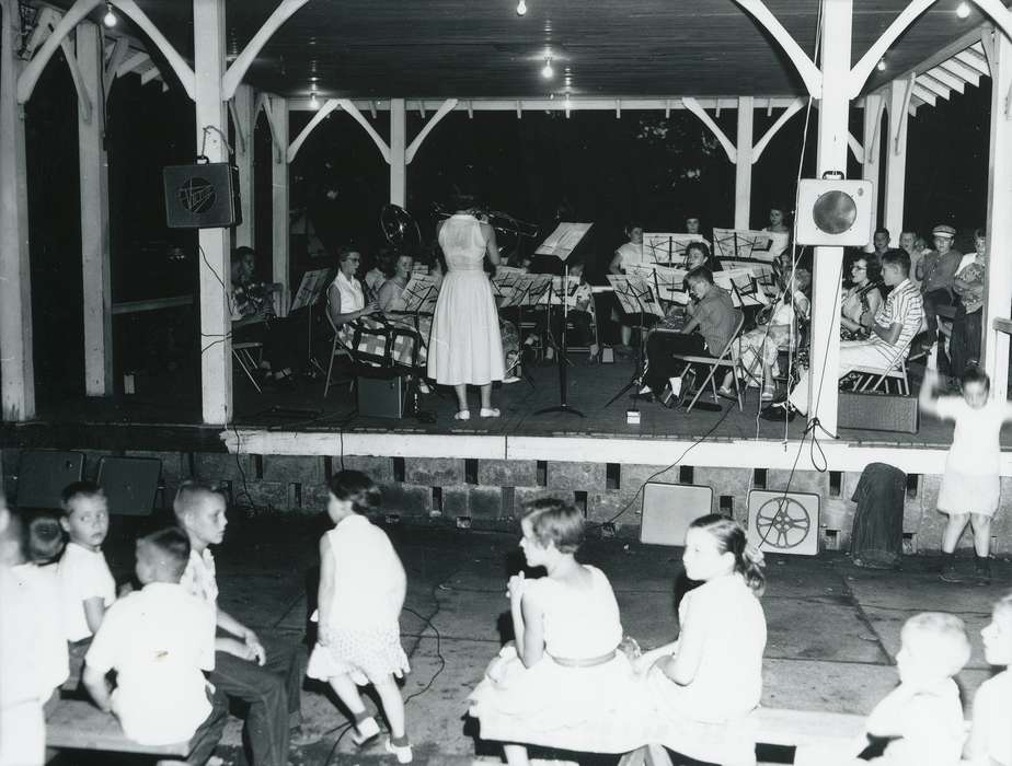 concert, Children, history of Iowa, Entertainment, clarinet, Waverly Public Library, band, Iowa, night, bandstand, flute, Iowa History, saxophone, trombone