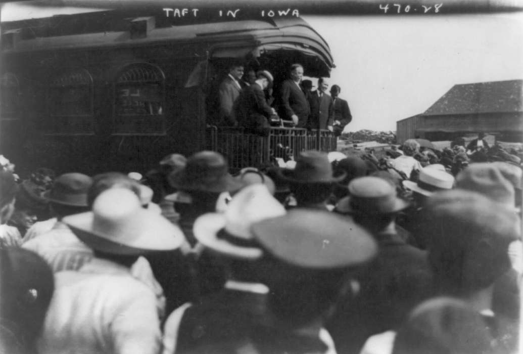 history of Iowa, Iowa History, Entertainment, Library of Congress, Civic Engagement, taft, crowd, Fairs and Festivals, election campaign, Iowa, Train Stations, passenger train, Labor and Occupations