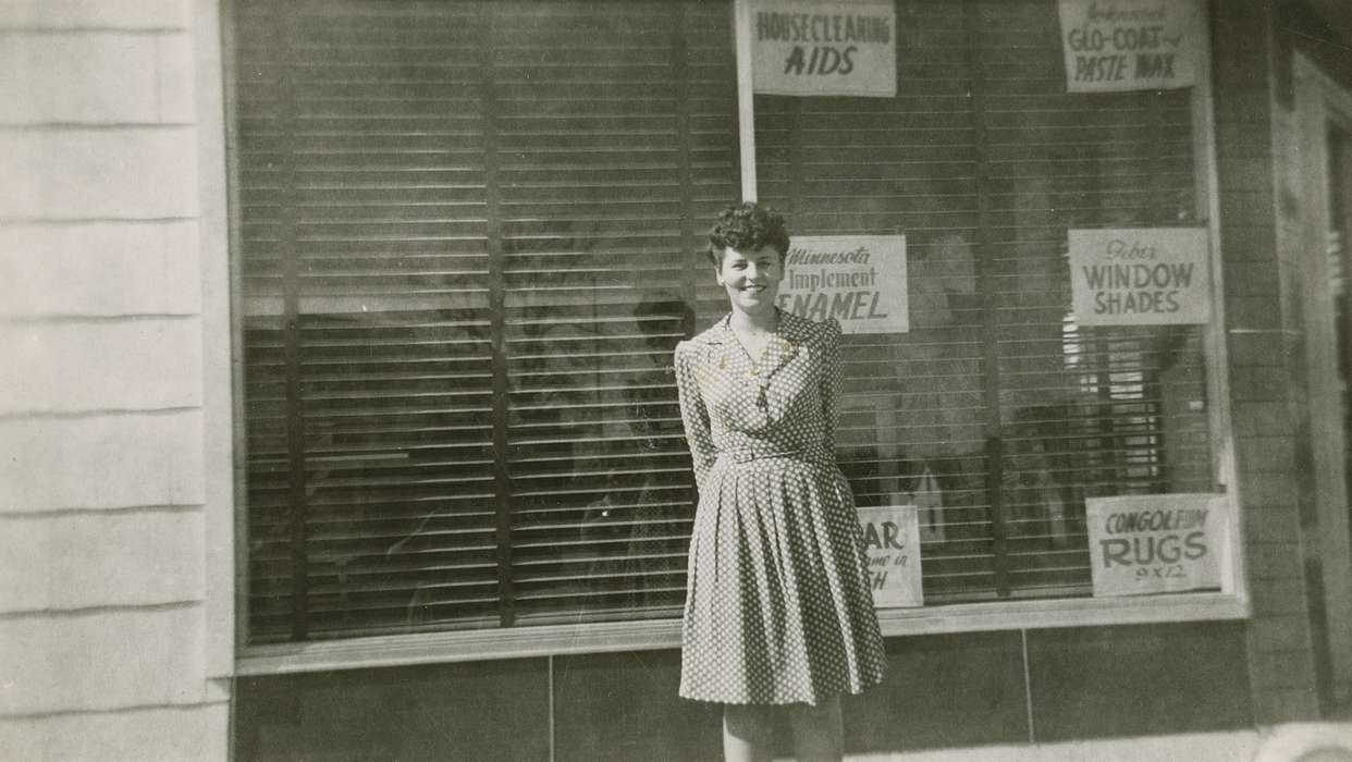 Main Streets & Town Squares, history of Iowa, Iowa History, Schmillen, Gloria, Marcus, IA, woman, Businesses and Factories, store, Iowa, Cities and Towns, dress, Portraits - Individual