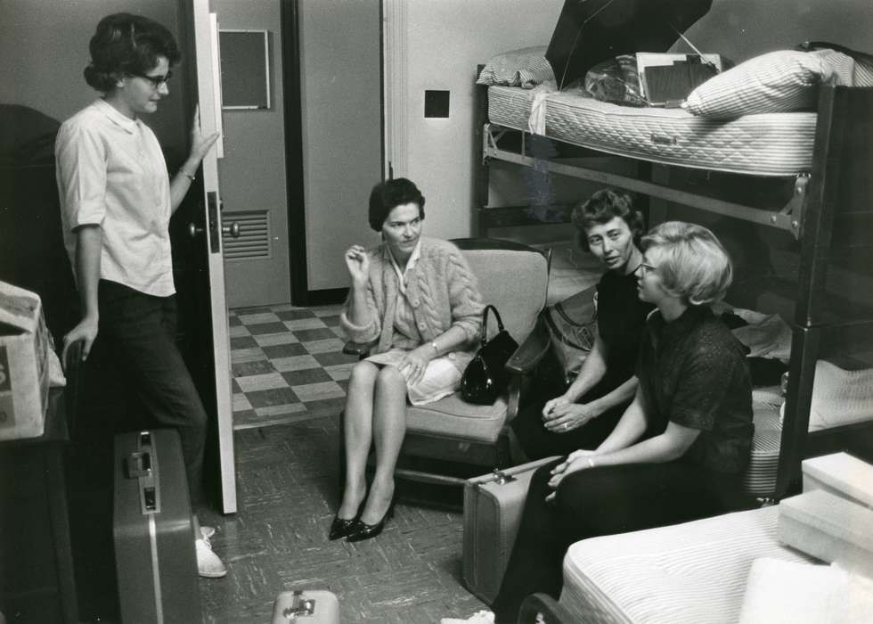 Cedar Falls, IA, dormitory, bunk bed, history of Iowa, Iowa History, uni, suitcase, UNI Special Collections & University Archives, Iowa, state college of iowa, dorm room, Schools and Education, university of northern iowa