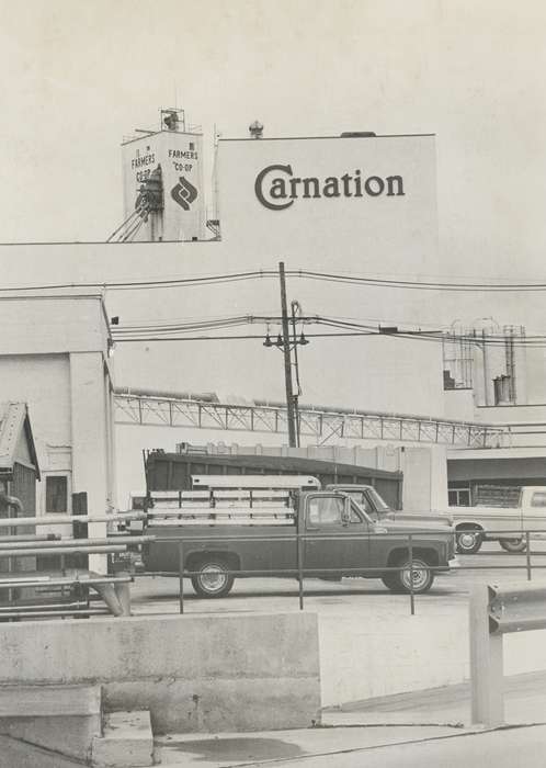 history of Iowa, Businesses and Factories, Waverly, IA, telephone pole, carnation, Iowa, Waverly Public Library, fence, Motorized Vehicles, Iowa History, truck