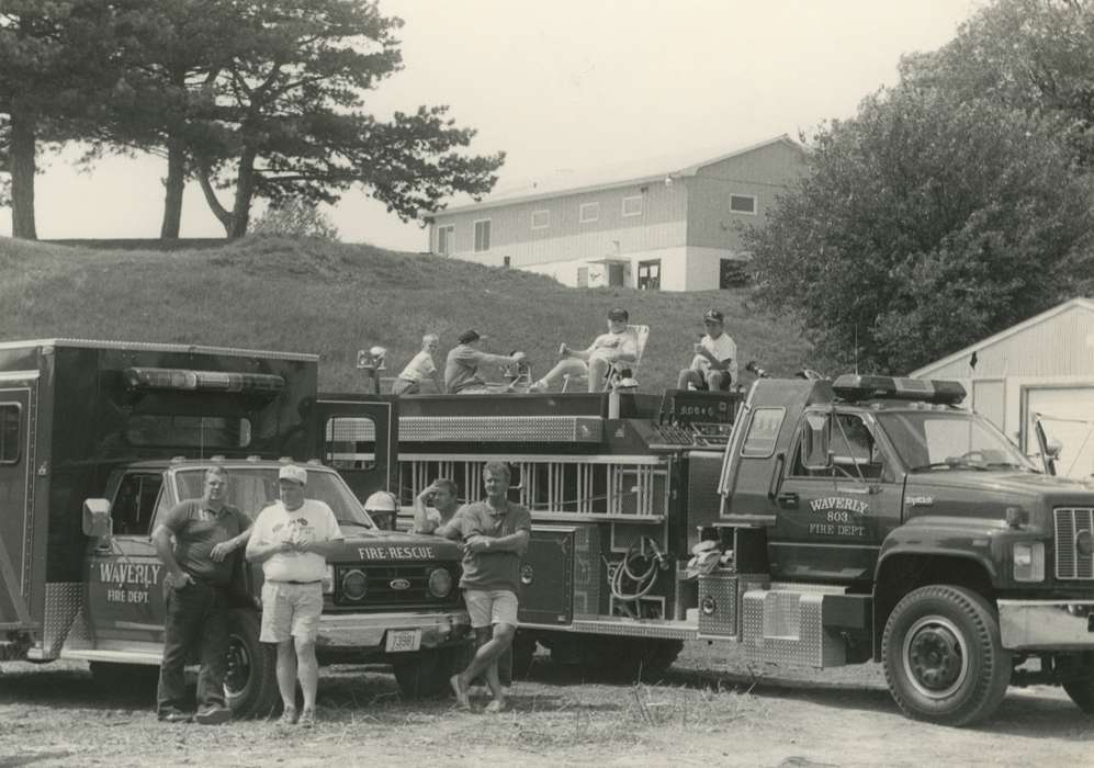 Portraits - Group, history of Iowa, Iowa History, Motorized Vehicles, firefighters, trees, Waverly, IA, fire truck, ambulance, Iowa, Waverly Public Library, Labor and Occupations