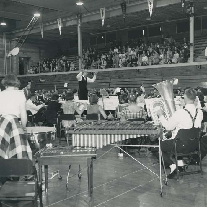 history of Iowa, bleacher, Entertainment, Waverly Public Library, conductor, Waverly, IA, lights, Iowa, crowd, drum, flute, xylophone, Iowa History, correct date needed, tuba