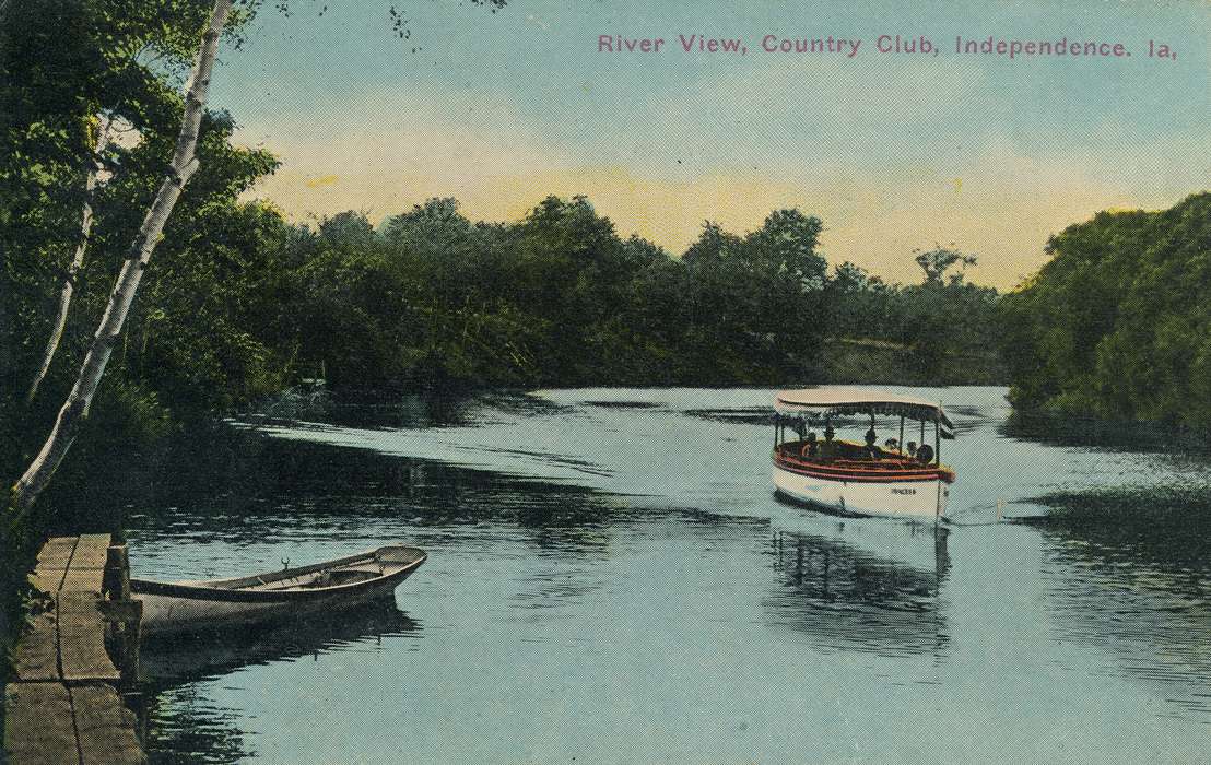 history of Iowa, Iowa History, Lakes, Rivers, and Streams, Shaulis, Gary, river, postcard, Iowa, boat, Leisure