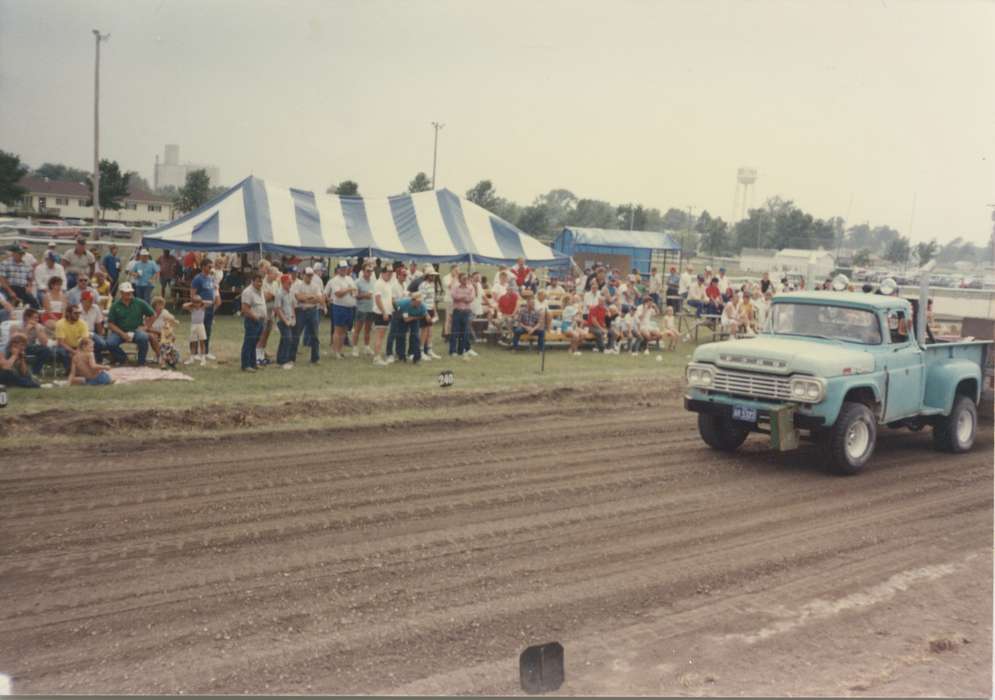 Meyer, Susie, history of Iowa, Iowa History, Motorized Vehicles, truck, ford, racetrack, crowd, Fairs and Festivals, tent, Readlyn, IA, Iowa, truck pull, Outdoor Recreation