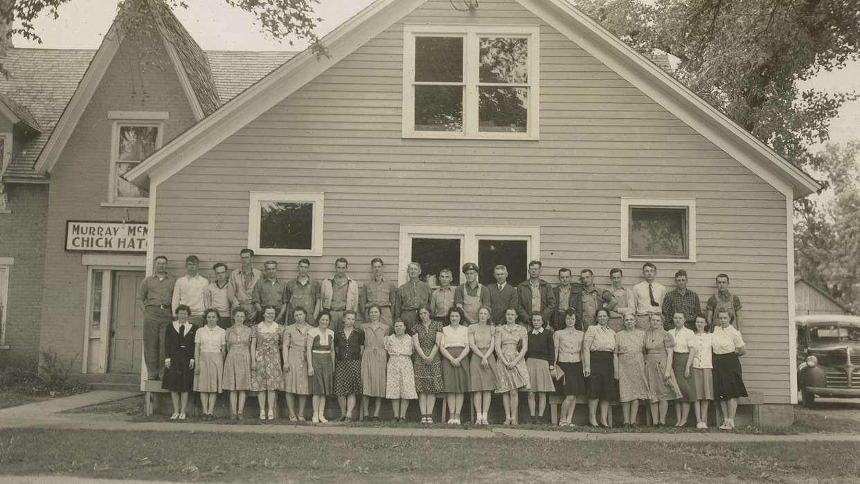 Portraits - Group, men, history of Iowa, women, hatchery, Iowa History, Webster City, IA, Businesses and Factories, Iowa, McMurray, Doug, sign, Labor and Occupations