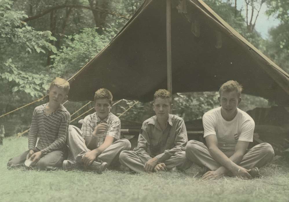 Outdoor Recreation, Portraits - Group, scouts, Iowa, tent, Webster, IA, colorized, McMurray, Doug, Children, history of Iowa, camp, boy scouts, Iowa History