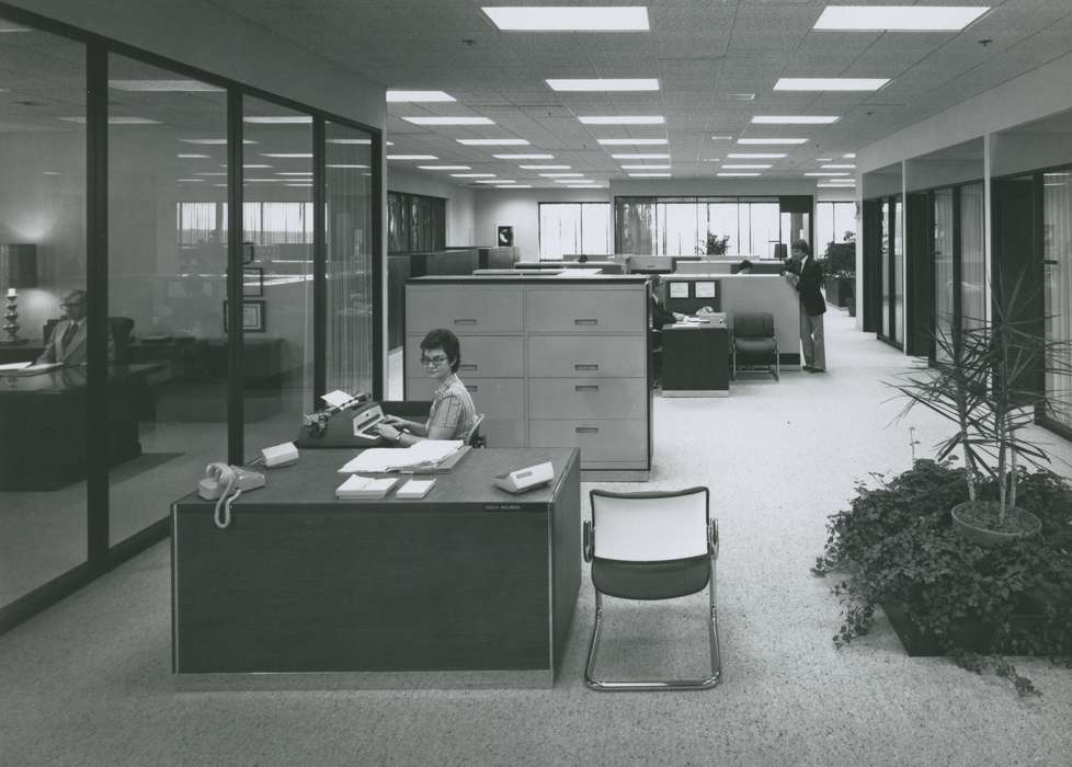 Portraits - Individual, history of Iowa, file cabinet, Businesses and Factories, Waverly, IA, Waverly Public Library, Iowa, plant, office, Iowa History, Labor and Occupations