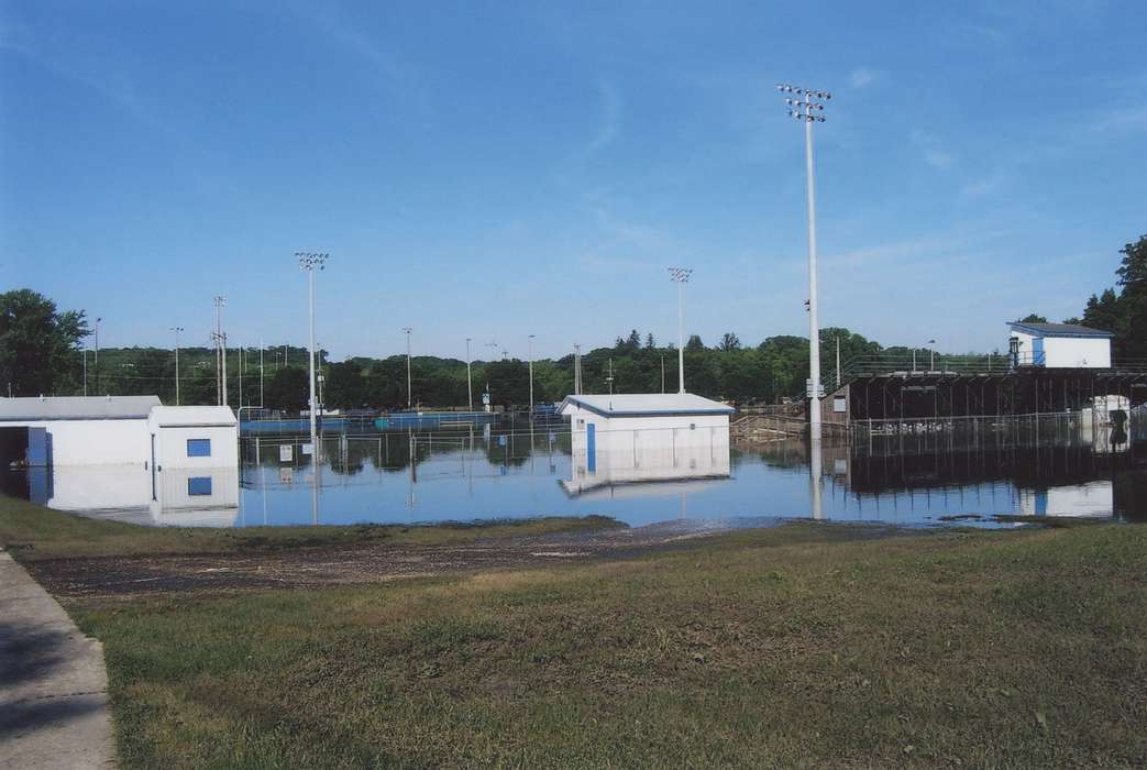 Iowa, stadium light, bleachers, Lakes, Rivers, and Streams, Anamosa, IA, Hatcher, Cecilia, history of Iowa, baseball, Floods, Iowa History, baseball field