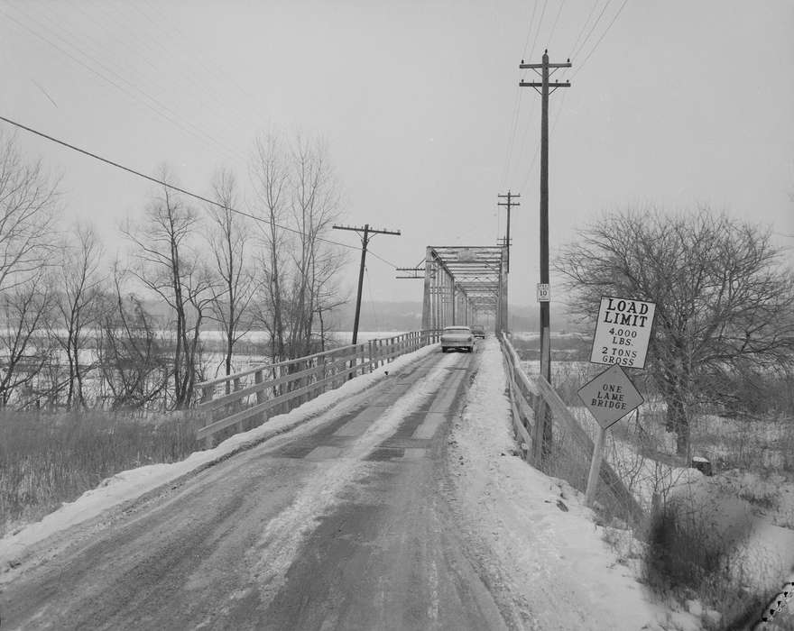 bridge, car, Iowa History, Iowa, Motorized Vehicles, Lemberger, LeAnn, Ottumwa, IA, telephone pole, Winter, snow, history of Iowa, sign