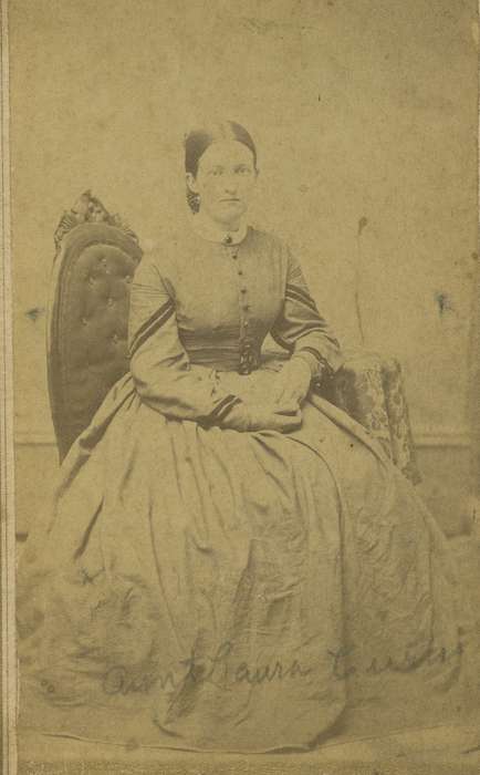 collared dresses, hoop skirt, history of Iowa, Iowa History, woman, Olsson, Ann and Jons, chair, Independence, IA, dropped shoulder seams, Iowa, paisley, dress, carte de visite, Portraits - Individual
