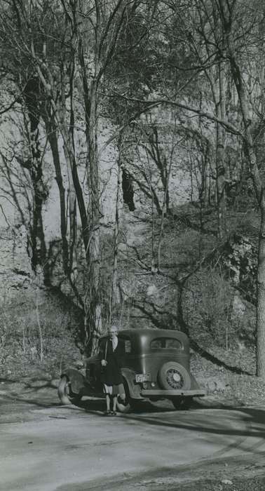 Elderkin, Don, Motorized Vehicles, fishing pole, Iowa History, woman, woods, Iowa, history of Iowa, Portraits - Individual, IA