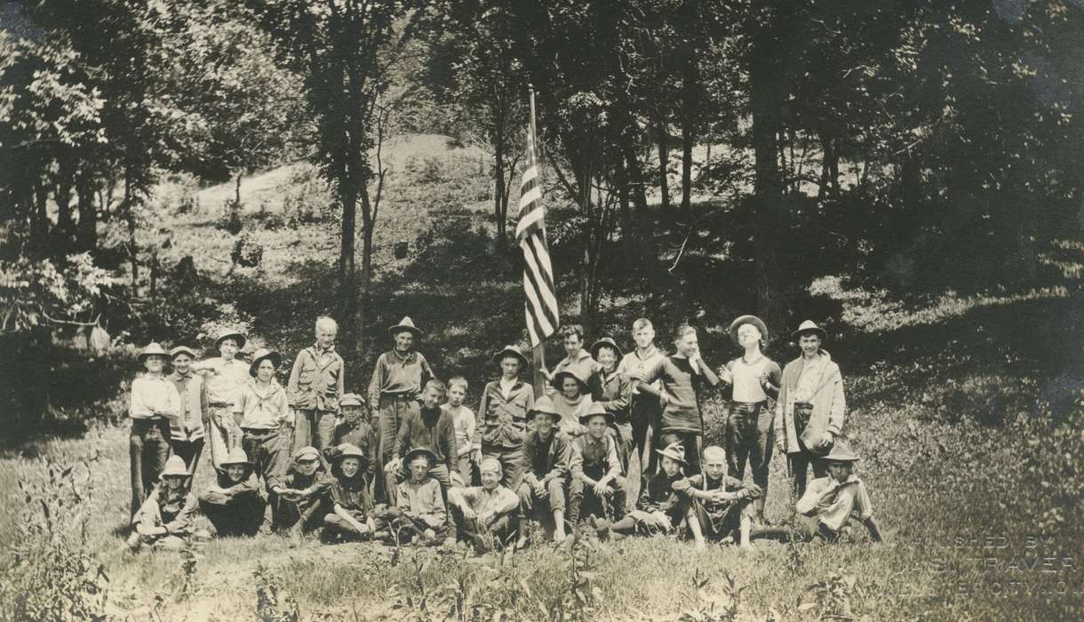 Portraits - Group, flag, boy scouts, history of Iowa, Iowa History, Civic Engagement, Hamilton County, IA, Iowa, Outdoor Recreation, McMurray, Doug, Children