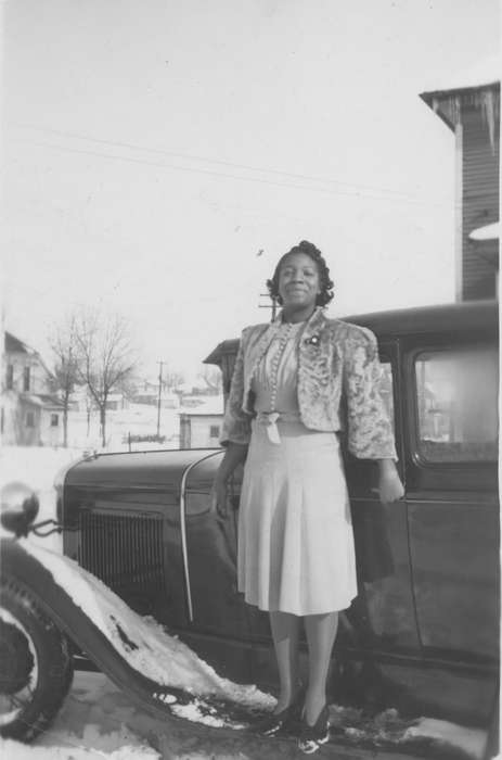 Motorized Vehicles, snow, african american, Waterloo, IA, Iowa History, Henderson, Jesse, formal attire, car, People of Color, history of Iowa, Iowa, Portraits - Individual, correct date needed, Winter