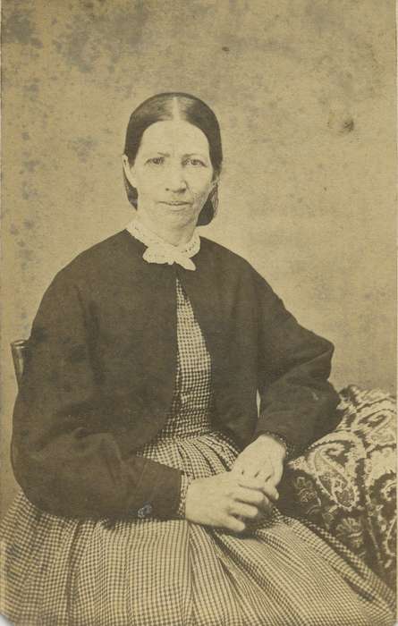 collared dresses, hoop skirt, history of Iowa, Iowa History, woman, Olsson, Ann and Jons, lace collar, Iowa, Marion, IA, paisley, hairnet, dress, carte de visite, Portraits - Individual