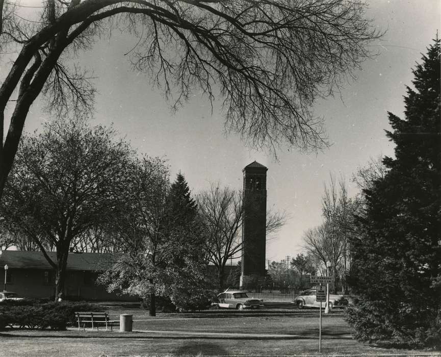 campanile, park, car, Iowa History, bench, Iowa, Motorized Vehicles, Schools and Education, university of northern iowa, iowa state teachers college, uni, UNI Special Collections & University Archives, Cedar Falls, IA, history of Iowa