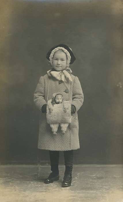history of Iowa, Iowa History, girl, coat, doll, black boot, Iowa, Children, Waverly Public Library, Portraits - Individual