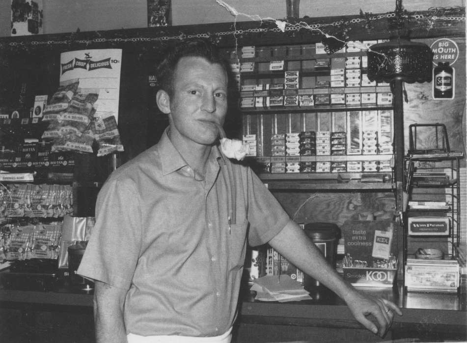 pipe, kool, history of Iowa, Portraits - Individual, Iowa History, bar, Businesses and Factories, Epworth, IA, Wessels, Doris, cigarette, Iowa, Labor and Occupations