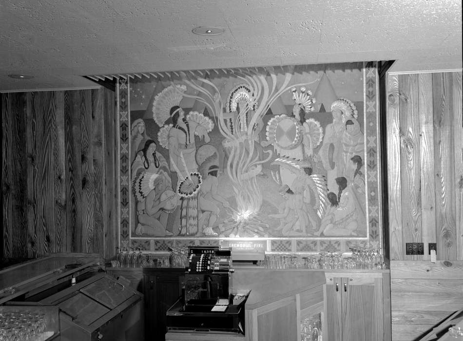 tapestry, glass, bar, wood panel, Iowa, indigenous, Ottumwa, IA, native american, first nation, cash register, Lemberger, LeAnn, Businesses and Factories, history of Iowa, cabinet, Iowa History