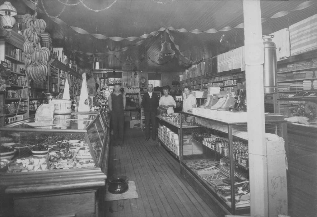 Businesses and Factories, Portraits - Group, general store, display case, Iowa History, Becker, Alfred, Iowa, Families, Labor and Occupations, Davenport, IA, store, banana, streamers, history of Iowa