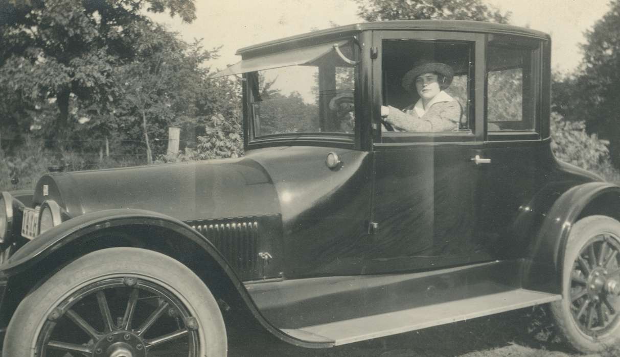 Portraits - Individual, correct date needed, Motorized Vehicles, Waverly Public Library, Iowa, woman, history of Iowa, Iowa History, car