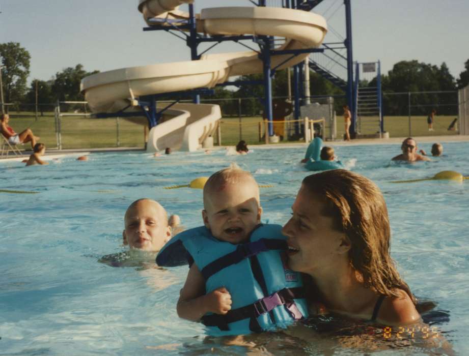 Outdoor Recreation, Reed, Mark, Iowa, slide, Waterloo, IA, summer, Iowa History, Families, swimming, pool, history of Iowa, life jacket, swimming pool