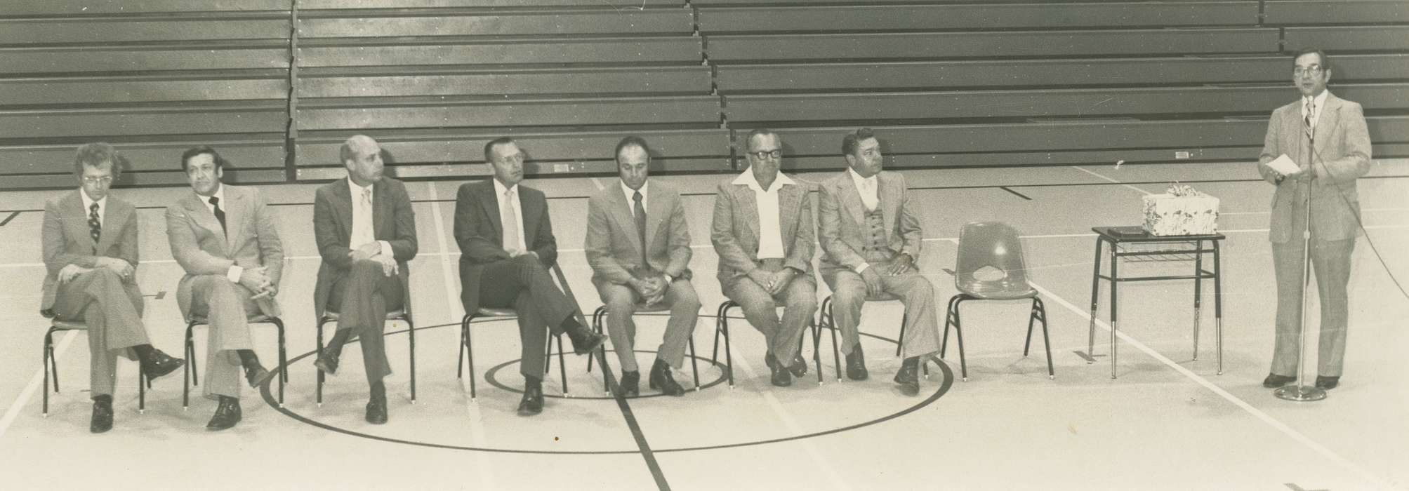 Portraits - Group, Coon Rapids, IA, bleachers, gym, history of Iowa, Iowa History, microphone, Nixon, Charles, Iowa, speech, Labor and Occupations