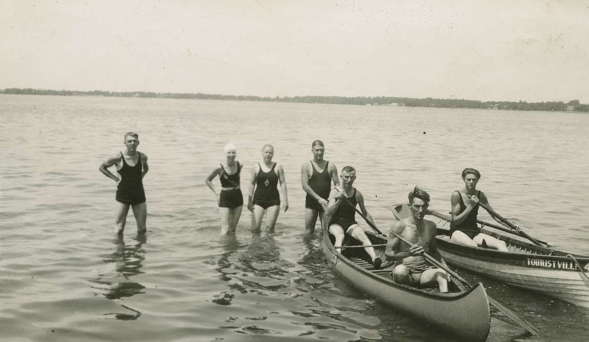 Portraits - Group, canoe, Clear Lake, IA, lake, history of Iowa, Iowa History, Families, Lakes, Rivers, and Streams, bathing cap, bathing suit, Iowa, Outdoor Recreation, McMurray, Doug, swimsuit