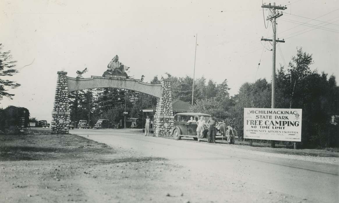 Travel, Mackinaw City, MI, history of Iowa, Motorized Vehicles, McMurray, Doug, Iowa, sign, park, Iowa History, Portraits - Group