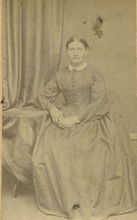 brooch, collared dresses, hoop skirt, history of Iowa, Iowa History, Decorah, IA, woman, lace collar, dropped shoulder seams, bishop sleeves, Iowa, Olsson, Ann and Jons, curtain, carte de visite, Portraits - Individual