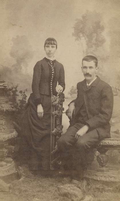 Portraits - Group, sack coat, carte de visite, Mount Pleasant, IA, Iowa, necklace, couple, vest, woman, Families, Olsson, Ann and Jons, painted backdrop, lace collar, man, mustache, history of Iowa, Iowa History